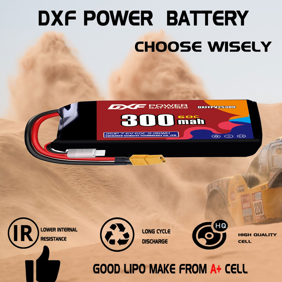 DXF LiPo Battery 2S HV 7.6V 300mAh 60C with PH2.0 / JST / XT30 / SM / XT60 / EC5 / XT90 for FPV Drone Whoop Micro Racing