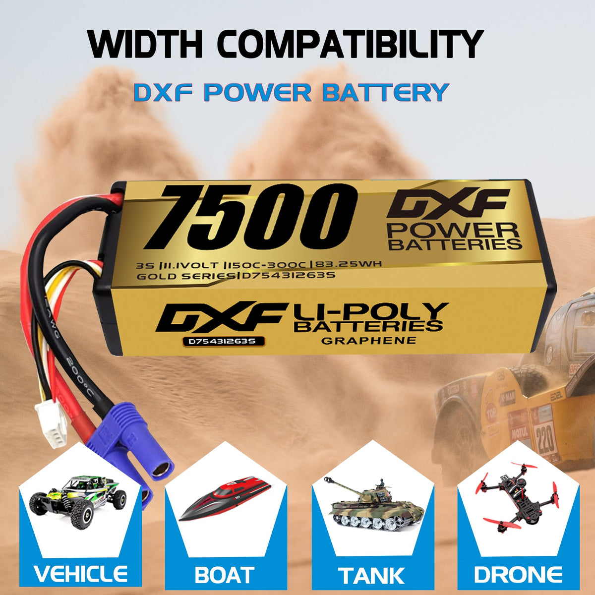 DXF LiPo Battery 3S 11.1V 7500mAh 140C Graphene Hardcase Gold with EC5 / T / TRX / XT60 / XT90 / XT150 / Q8s Plug for RC 1/8 1/10 Buggy Truck Car Off-Road Drone