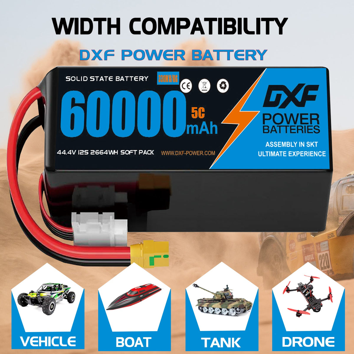 DXF SEMI-SOLID 12S 44.4V 60000mAh 5C Soft Case LiPo Battery with 8AWG Wire for Toy Cars, Boats, UAVs & Drones (1-6 Pack)