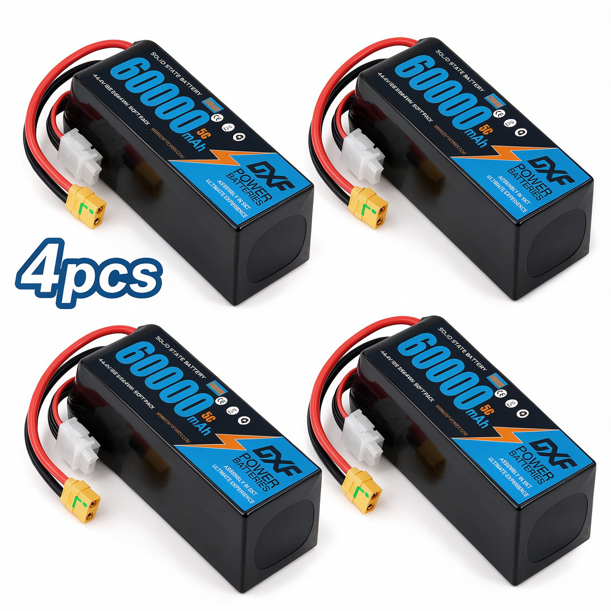 DXF SEMI-SOLID 12S 44.4V 60000mAh 5C Soft Case LiPo Battery with 8AWG Wire for Toy Cars, Boats, UAVs & Drones (1-6 Pack)