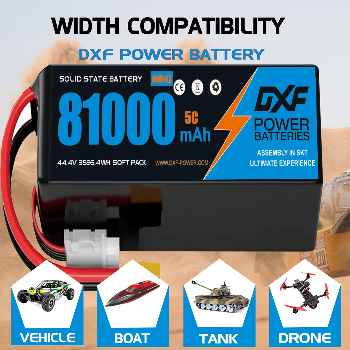 DXF 12S 44.4V 81000mAh 5C Soft Case LiPo Battery with 8AWG Wire for Toy Cars, Boats, UAVs & Drones (1-6 Pack)