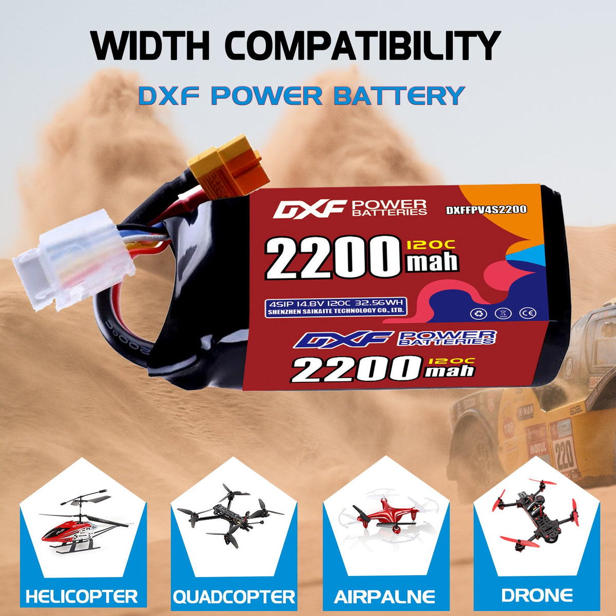DXF 4S 14.8V 2200mAh 120C LiPo Battery for FPV Micro Drones (PH2.0 / JST / XT30 / SM / XT60 / EC5 / XT90 Options)