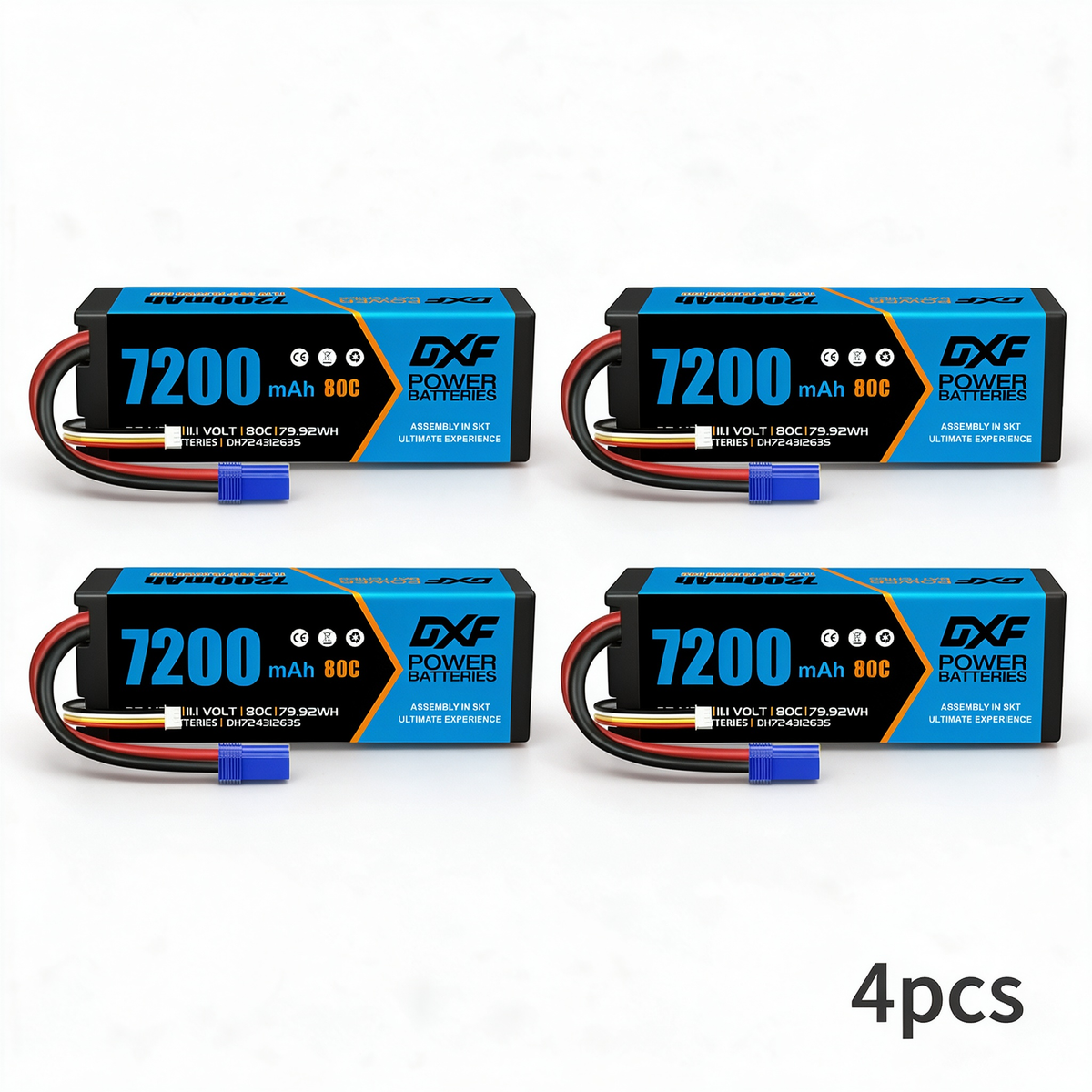 DXF BLUE Series 3S 11.1V 7200mAh 80C Hardcase LiPo Battery with EC5 Plug for 1/8 1/10 RC Car Truck (1-6 Pack)
