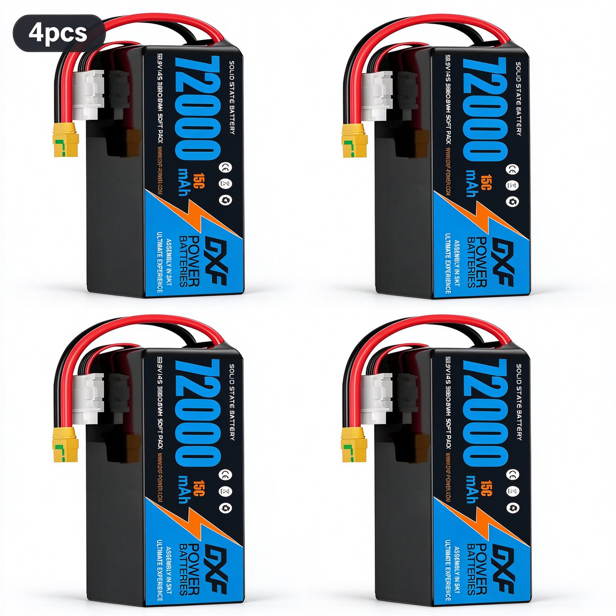 DXF SEMI-SOLID 14S 53.9V 72000mAh 15C Soft Case LiPo Battery with 8AWG Wire for Toy Cars, Boats, UAVs & Drones (1-6 Pack)