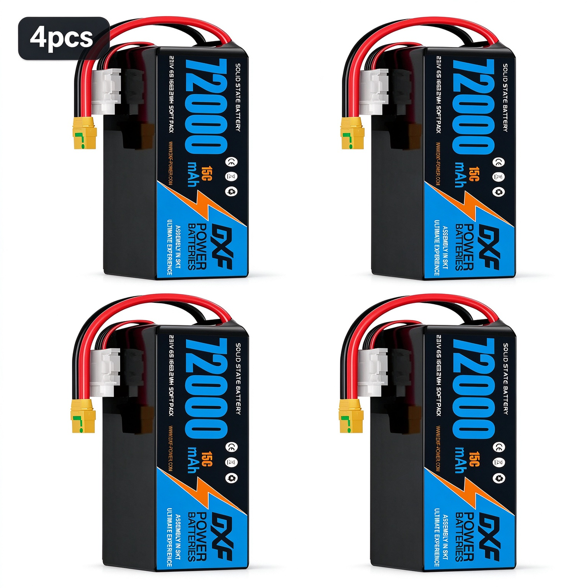 DXF 6S 23.1V 72000mAh 15C Soft Case LiPo Battery with 8AWG Wire for Toy Cars, Boats, UAVs & Drones (1-6 Pack)