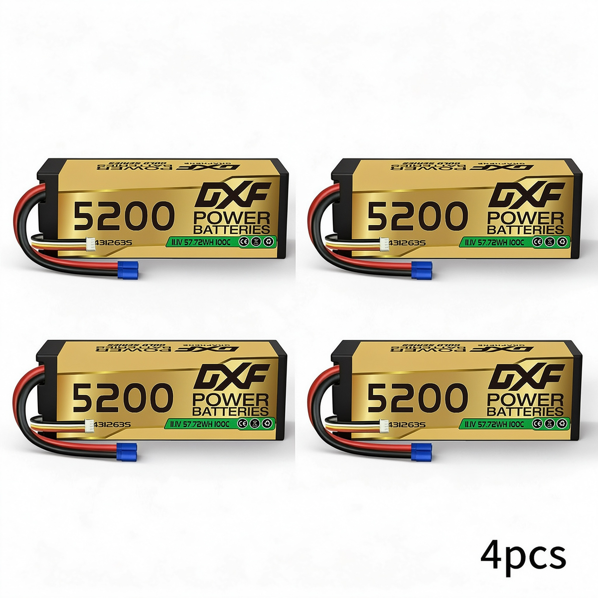 DXF GOLD Series 3S 11.1V 5200mAh 100C Graphene Hardcase LiPo Battery with EC5 Plug for 1/8 1/10 RC Car Truck (1-6 Pack)