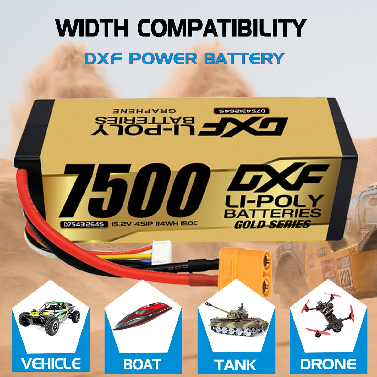 DXF LiPo Battery 4S HV 15.2V 7500mAh 150C Graphene Hardcase Gold with EC5 / T / TRX / XT60 / XT90 / XT150 / Q8s Plug for RC 1/8 1/10 Buggy Truck Car Off-Road Drone