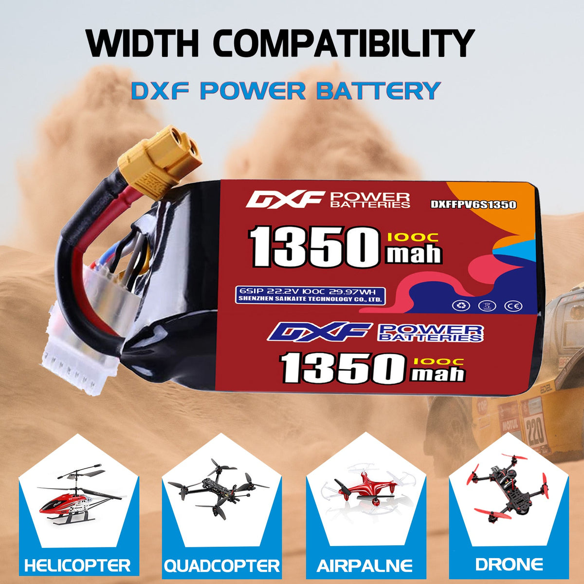 DXF 6S 22.2V 1350mAh 100C LiPo Battery for FPV Micro Drones (PH2.0 / JST / XT30 / SM / XT60 / EC5 / XT90 Options)