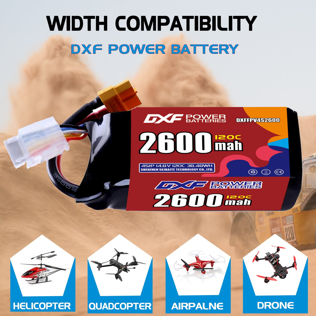 DXF 4S 14.8V 2600mAh 120C LiPo Battery for FPV Micro Drones (PH2.0 / JST / XT30 / SM / XT60 / EC5 / XT90 Options)