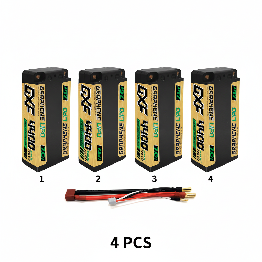 DXF 2S Shorty 7.6V 4400mAh 140C Graphene Hardcase LiPo Battery with 5mm Bullet to Deans Plug for 1/10 RC Buggies, Touring Cars & Trucks (1-6 Pack Available)