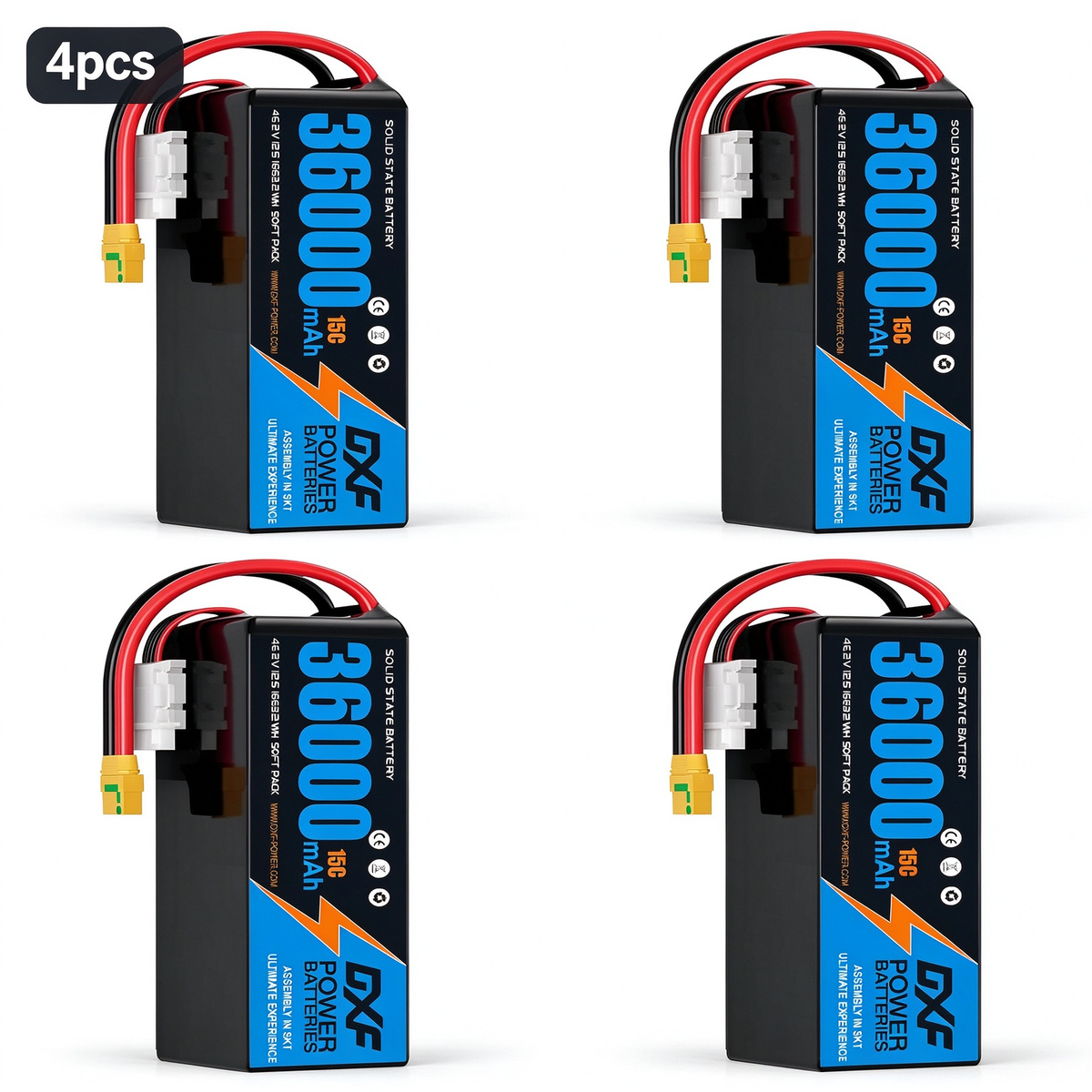 DXF SEMI-SOLID 12S 46.2V 36000mAh 15C Soft Case LiPo Battery with 8AWG Wire for Toy Cars, Boats, UAVs & Drones (1-6 Pack)