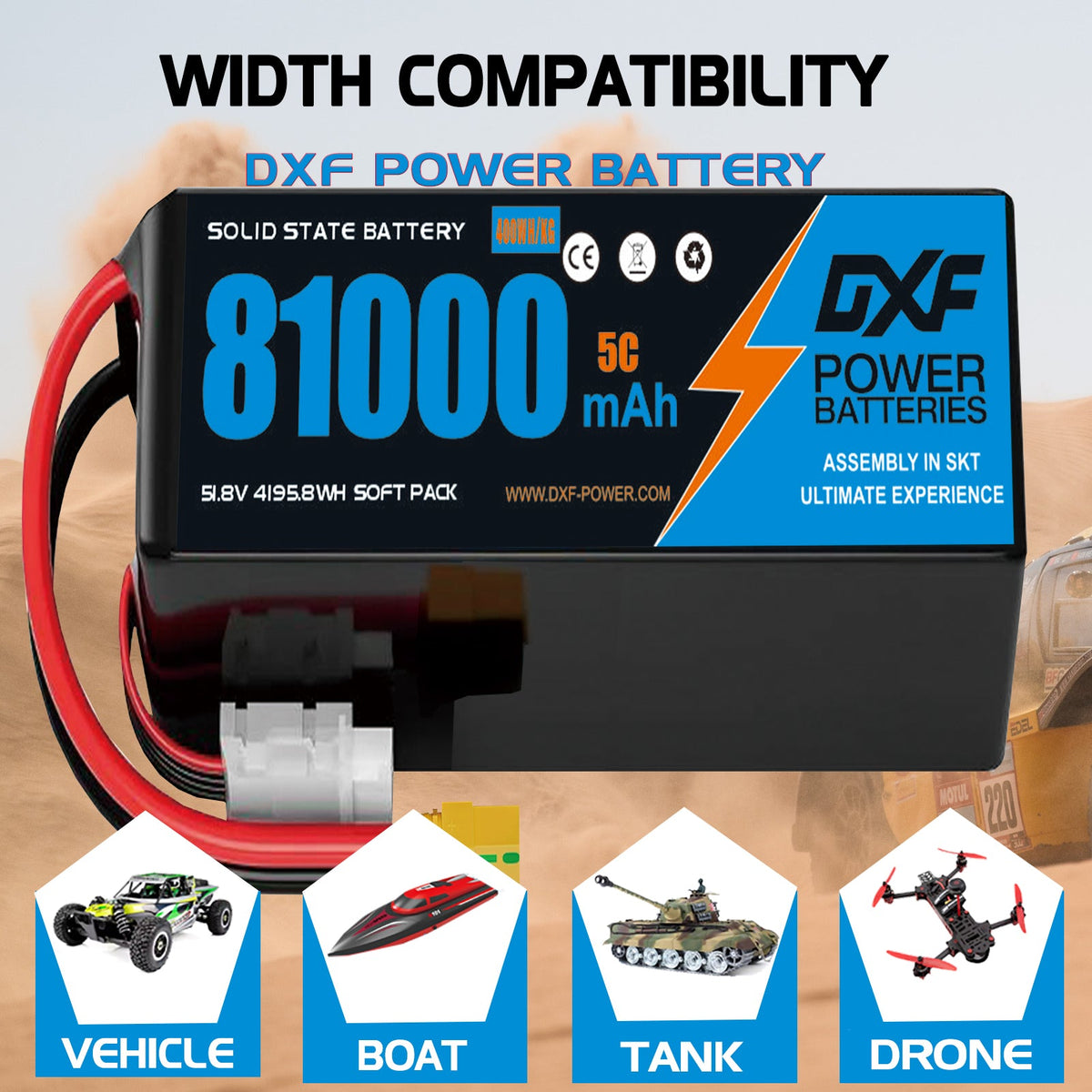 DXF 14S 51.8V 81000mAh 5C Soft Case LiPo Battery with 8AWG Wire for Toy Cars, Boats, UAVs & Drones (1-6 Pack)