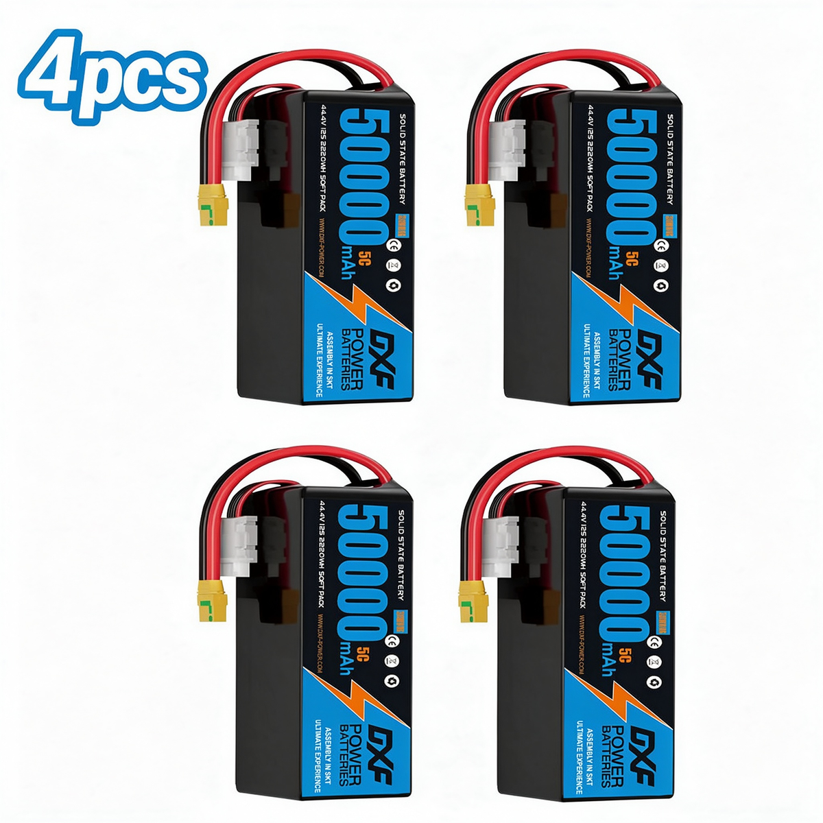 DXF SEMI-SOLID 12S 44.4V 50000mAh 5C Soft Case LiPo Battery with 8AWG Wire for Toy Cars, Boats, UAVs & Drones (1-6 Pack)