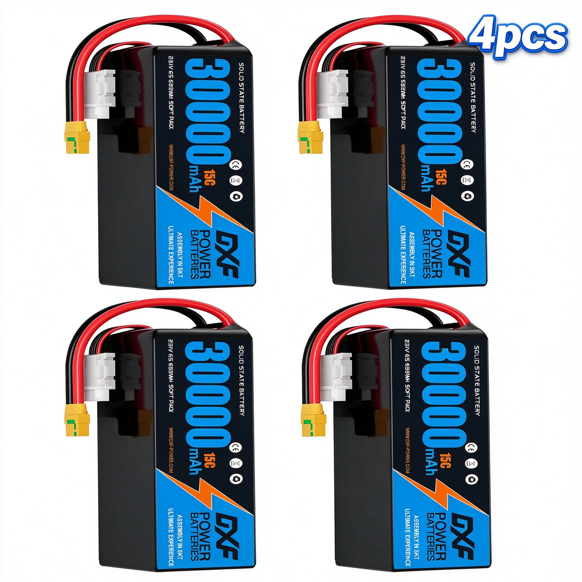 DXF 6S 23.1V 30000mAh 15C Soft Case LiPo Battery with 8AWG Wire for Toy Cars, Boats, UAVs & Drones (1-6 Pack)