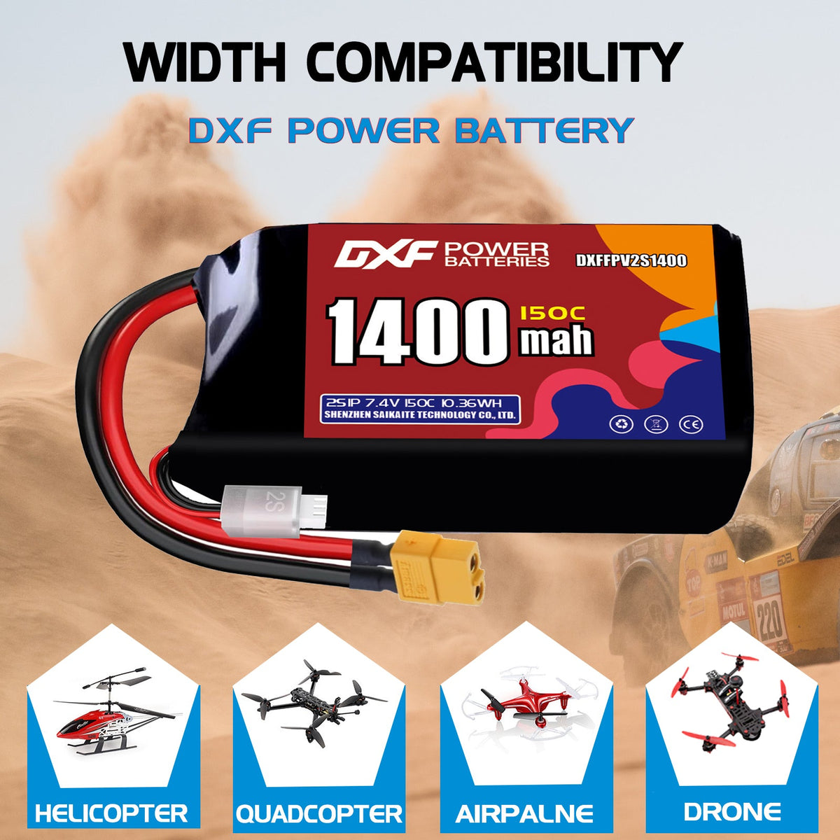 DXF 2S 7.4V 1400mAh 150C LiPo Battery for FPV Micro Drones (PH2.0 / JST / XT30 / SM / XT60 / EC5 / XT90 Options)