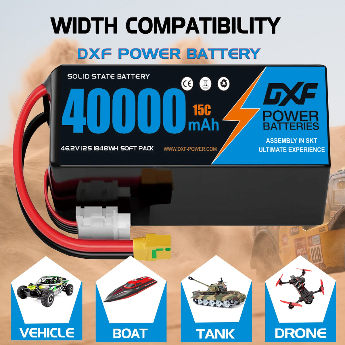 DXF SEMI-SOLID 12S 46.2V 40000mAh 15C Soft Case LiPo Battery with 8AWG Wire for Toy Cars, Boats, UAVs & Drones (1-6 Pack)