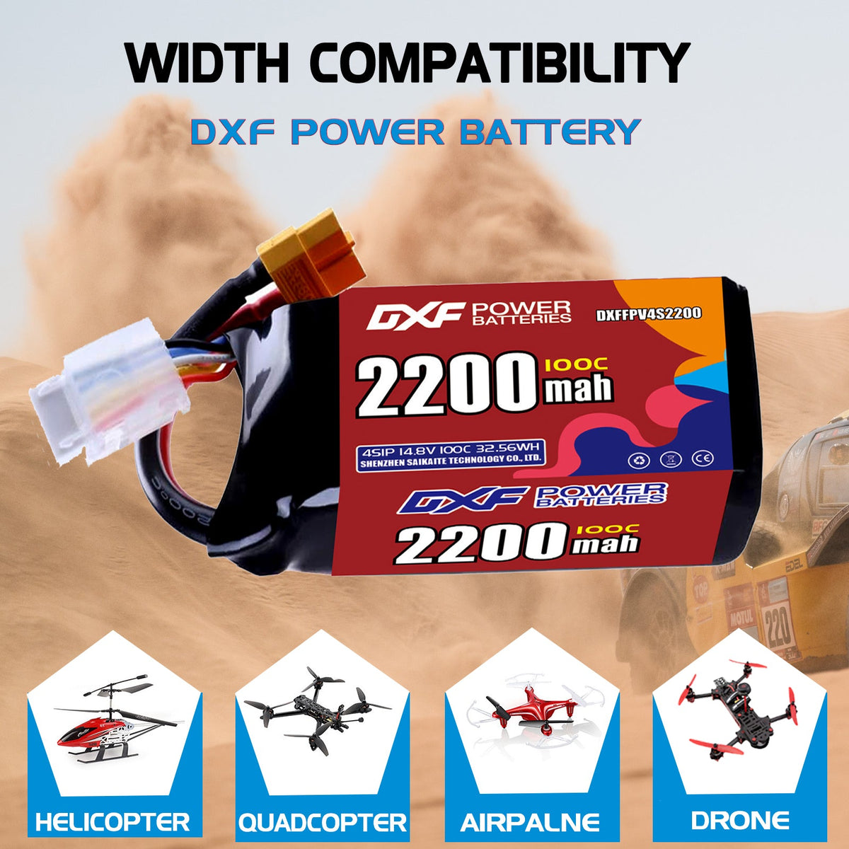 DXF 4S 14.8V 2200mAh 100C LiPo Battery for FPV Micro Drones (PH2.0 / JST / XT30 / SM / XT60 / EC5 / XT90 Options)