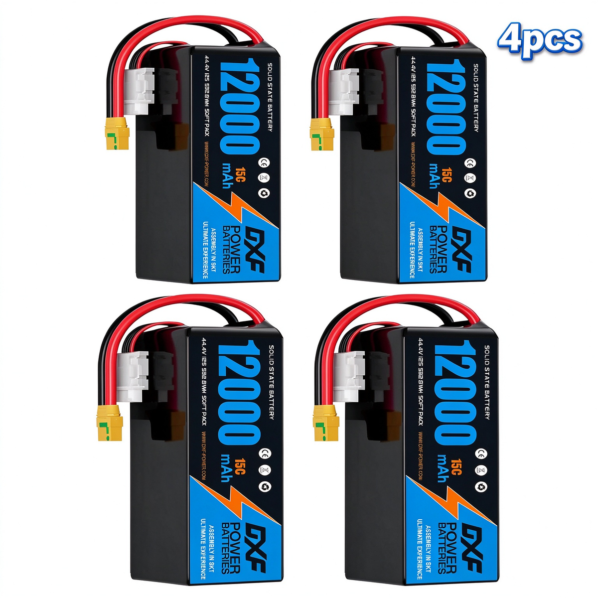 DXF SEMI-SOLID 12S 44.4V 12000mAh 15C Soft Case LiPo Battery with 8AWG Wire for Toy Cars, Boats, UAVs & Drones (1-6 Pack)