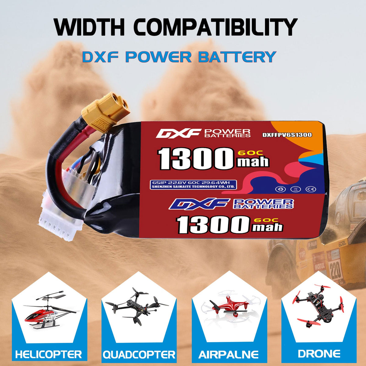 DXF LiPo Battery 6S HV 22.8V 1300mAh 60C with PH2.0 / JST / XT30 / SM / XT60 / EC5 / XT90 for FPV Drone Whoop Micro Racing