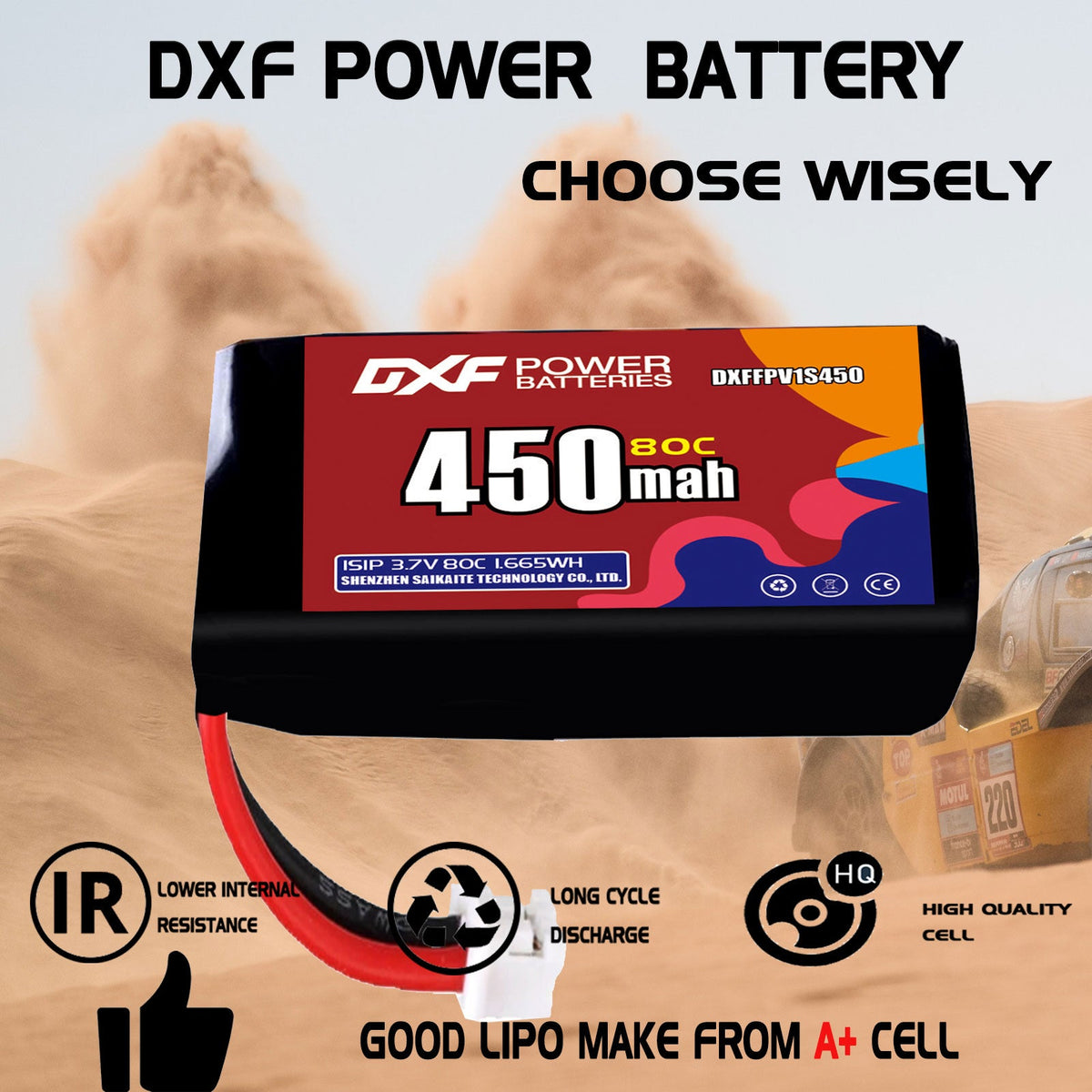DXF 1S 3.7V 450mAh 80C LiPo Battery for FPV Micro Drones (PH2.0 / JST / XT30 / SM / XT60 / EC5 / XT90 Options)