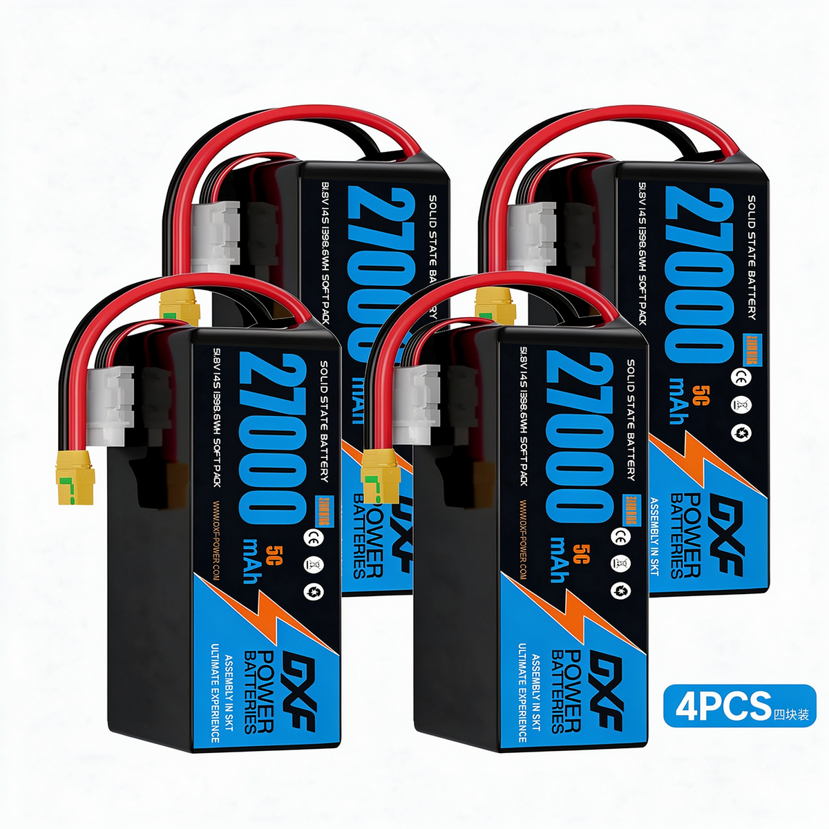 DXF SEMI-SOLID 14S 51.8V 27000mAh 5C Soft Case LiPo Battery with 8AWG Wire for Toy Cars, Boats, UAVs & Drones (1-6 Pack)