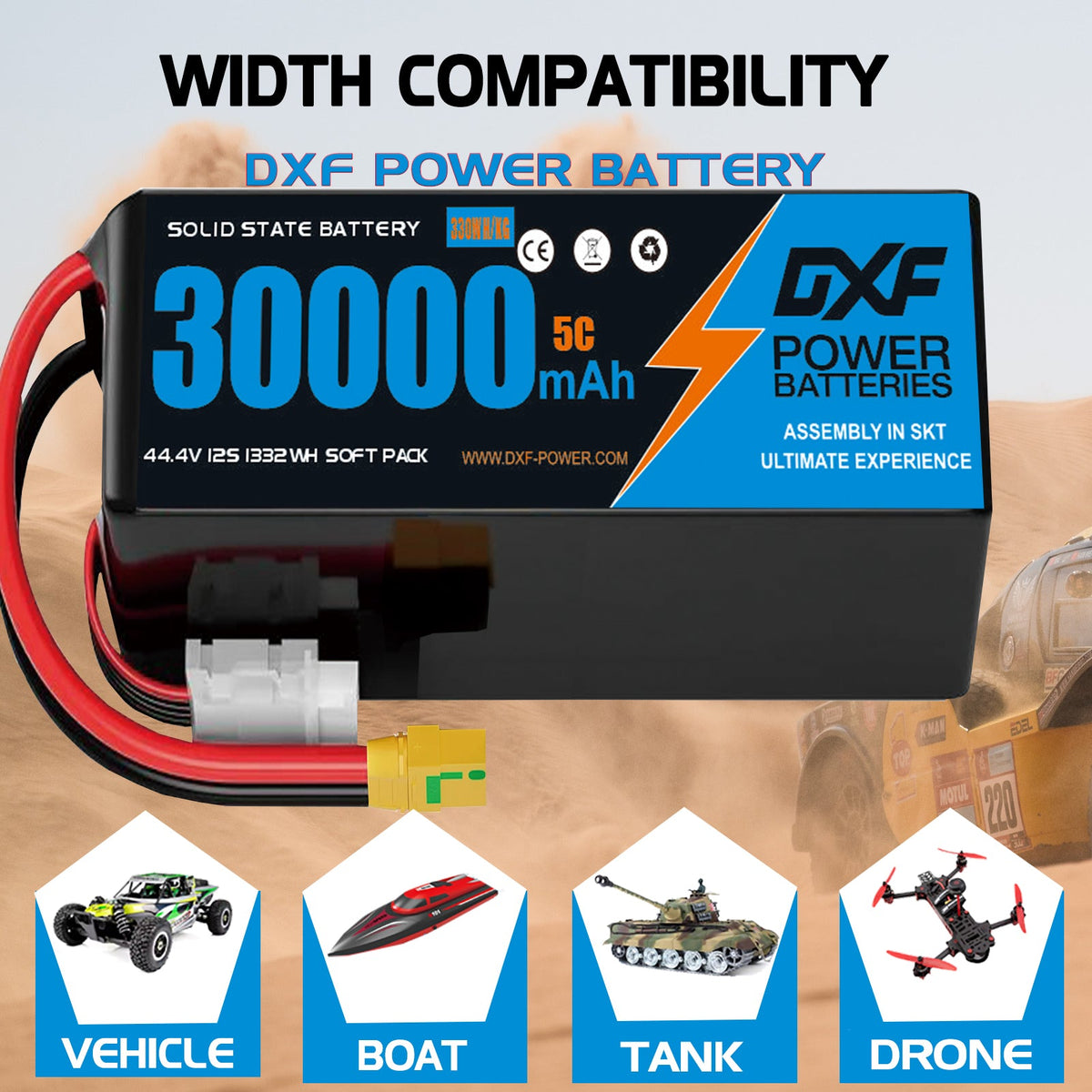 DXF SEMI-SOLID 12S 44.4V 30000mAh 5C Soft Case LiPo Battery with 8AWG Wire for Toy Cars, Boats, UAVs & Drones (1-6 Pack)