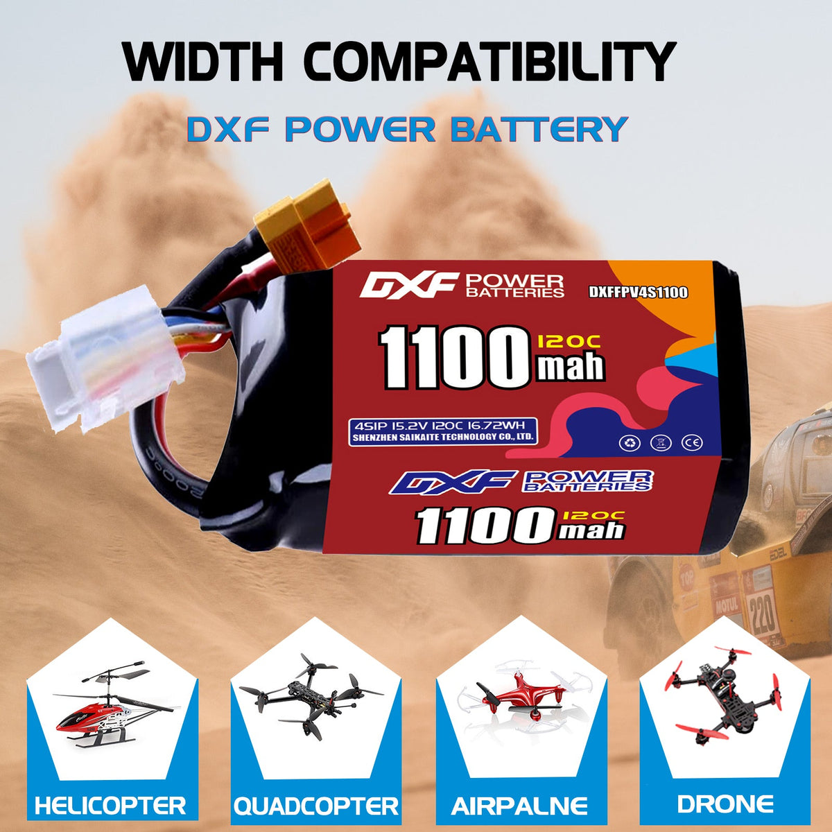 DXF 4S 15.2V 1100mAh 120C LiPo Battery for FPV Micro Drones (PH2.0 / JST / XT30 / SM / XT60 / EC5 / XT90 Options)