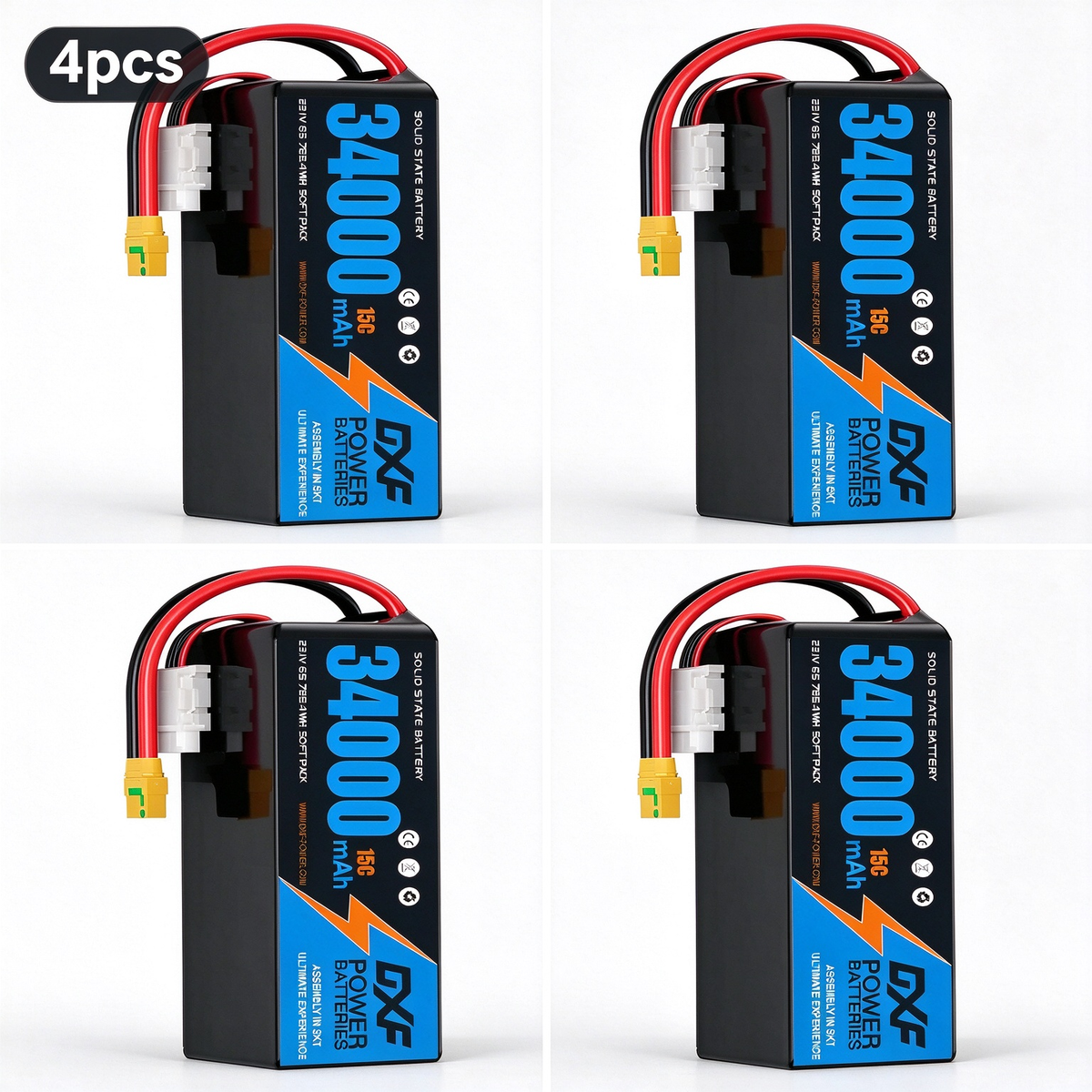 DXF 6S 23.1V 34000mAh 15C Soft Case LiPo Battery with 8AWG Wire for Toy Cars, Boats, UAVs & Drones (1-6 Pack)