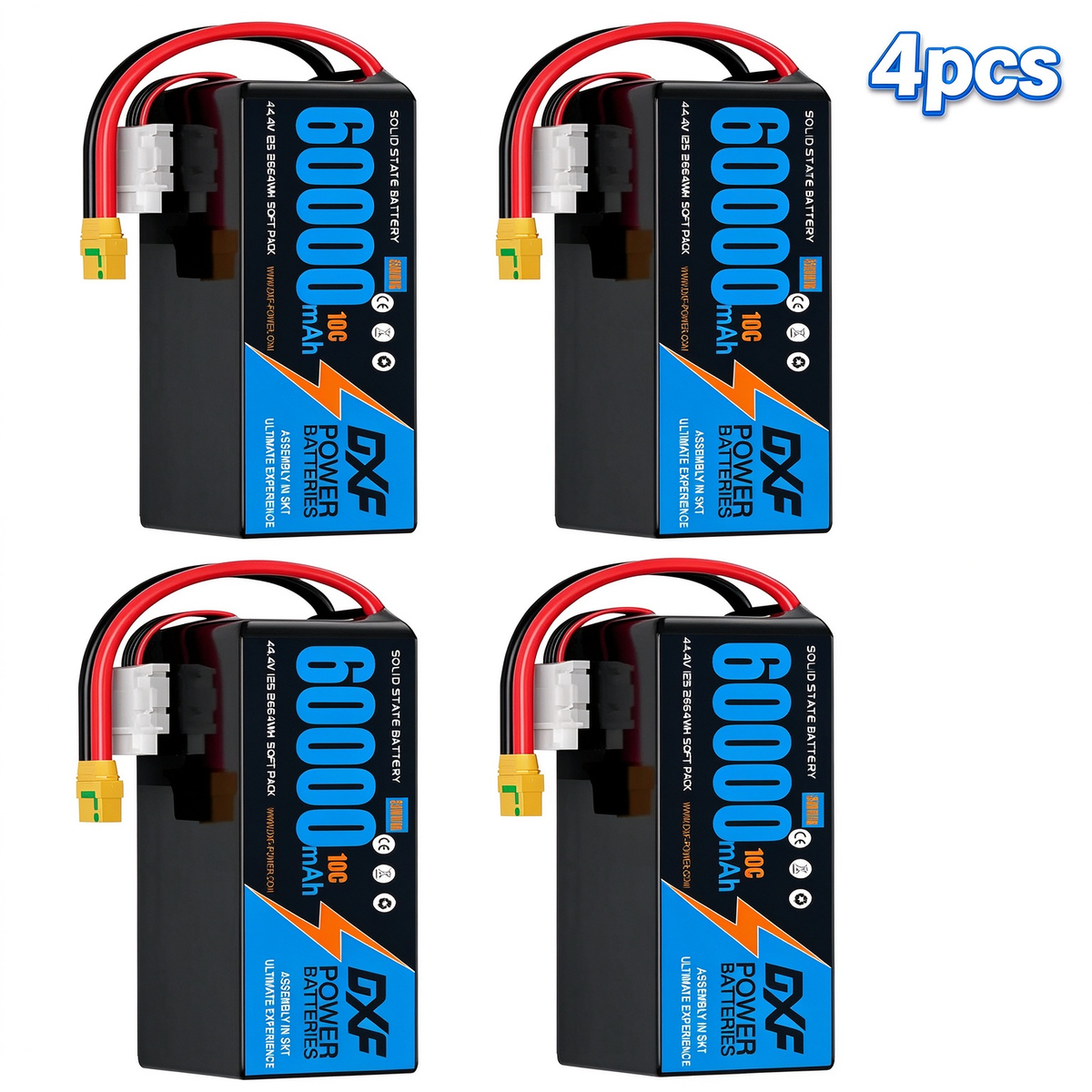 DXF SEMI-SOLID 12S 44.4V 60000mAh 10C Soft Case LiPo Battery with 8AWG Wire for Toy Cars, Boats, UAVs & Drones (1-6 Pack)