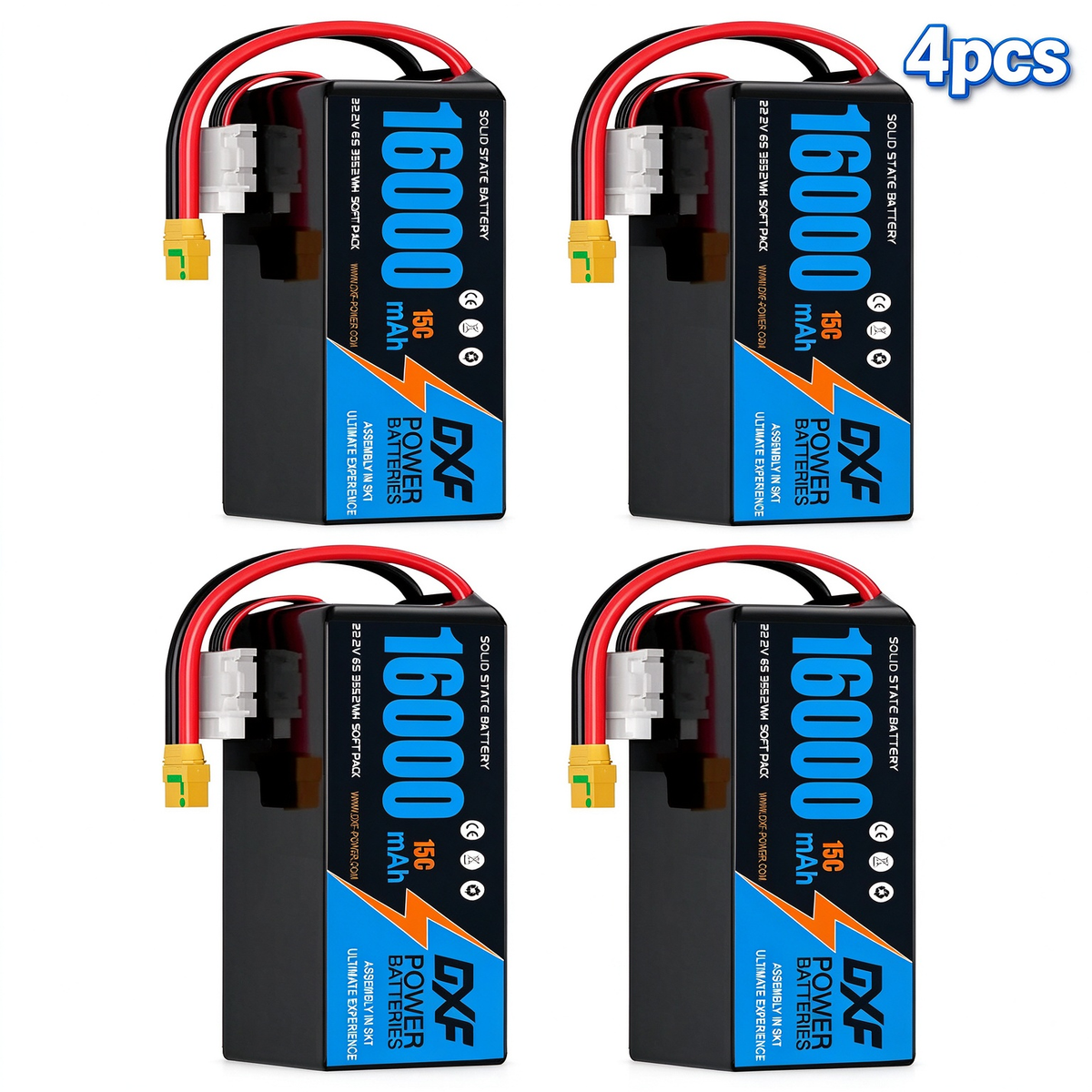 DXF 6S 22.2V 16000mAh 15C Soft Case LiPo Battery with 8AWG Wire for Toy Cars, Boats, UAVs & Drones (1-6 Pack)