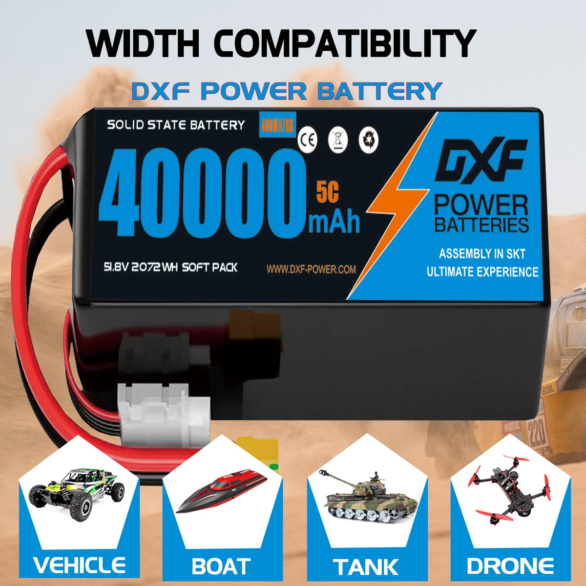 DXF SEMI-SOLID 14S 51.8V 40000mAh 5C Soft Case LiPo Battery with 8AWG Wire for Toy Cars, Boats, UAVs & Drones (1-6 Pack)