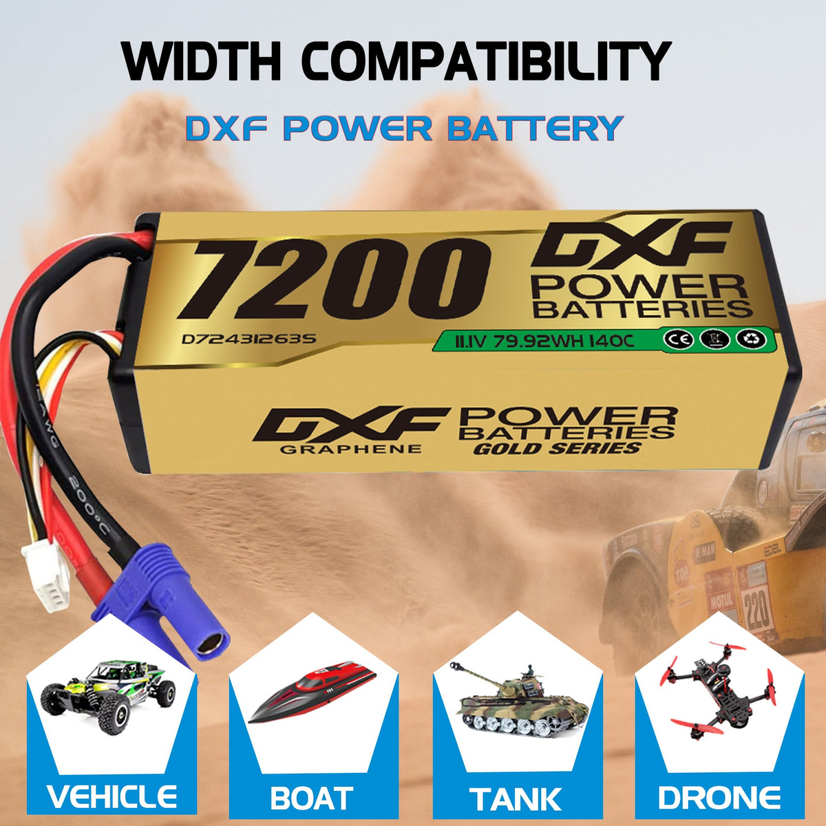 DXF LiPo Battery 3S 11.1V 7200mAh 140C Graphene Hardcase Gold with EC5 / T / TRX / XT60 / XT90 / XT150 / Q8s Plug for RC 1/8 1/10 Buggy Truck Car Off-Road Drone