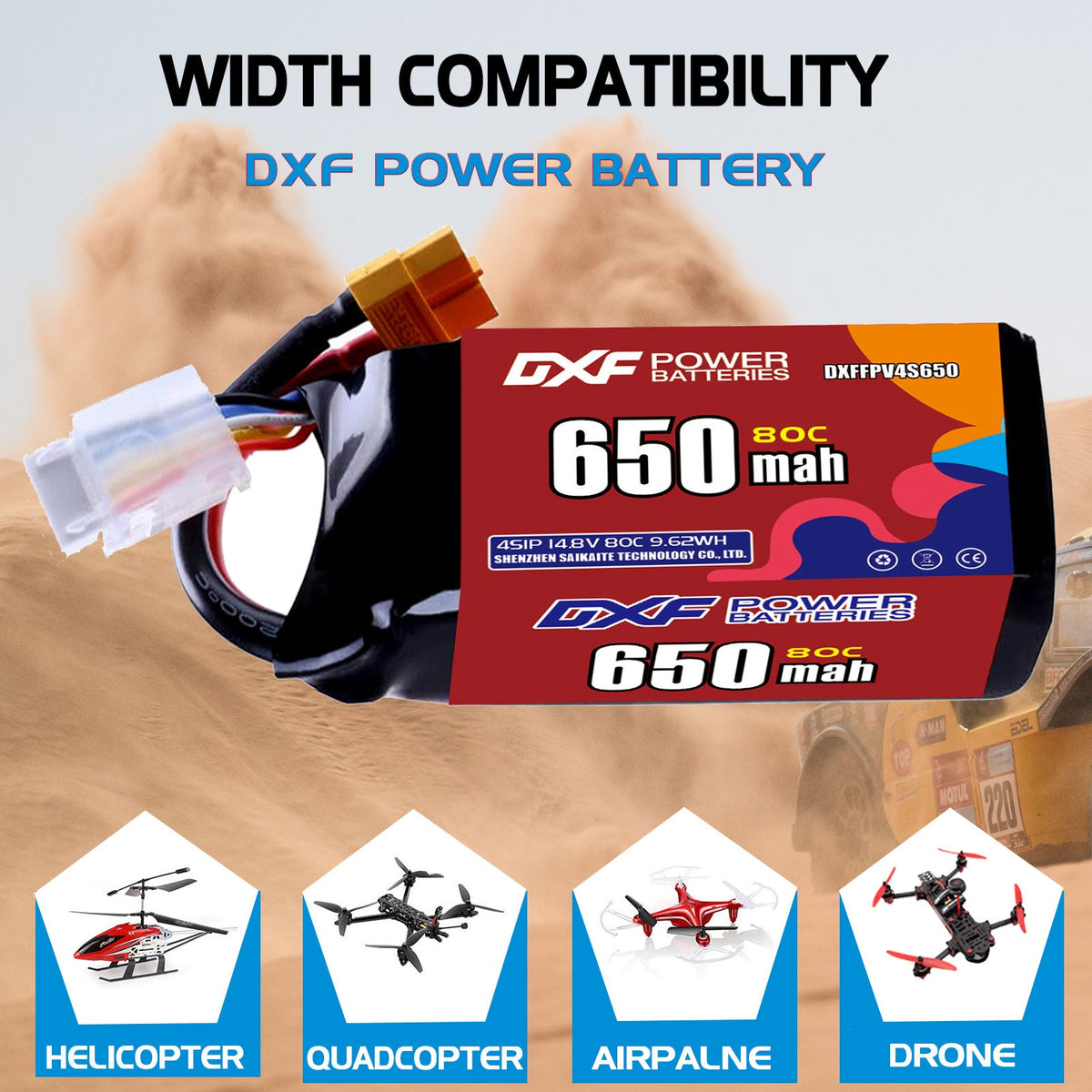 DXF LiPo Battery 4S 14.8V 650mAh 80C with PH2.0 / JST / XT30 / SM / XT60 / EC5 / XT90 for FPV Drone Whoop Micro Racing