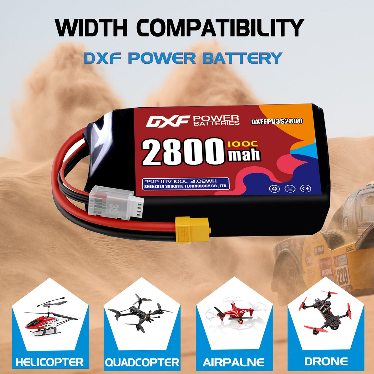 DXF 3S 11.1V 2800mAh 100C LiPo Battery for FPV Micro Drones (PH2.0 / JST / XT30 / SM / XT60 / EC5 / XT90 Options)