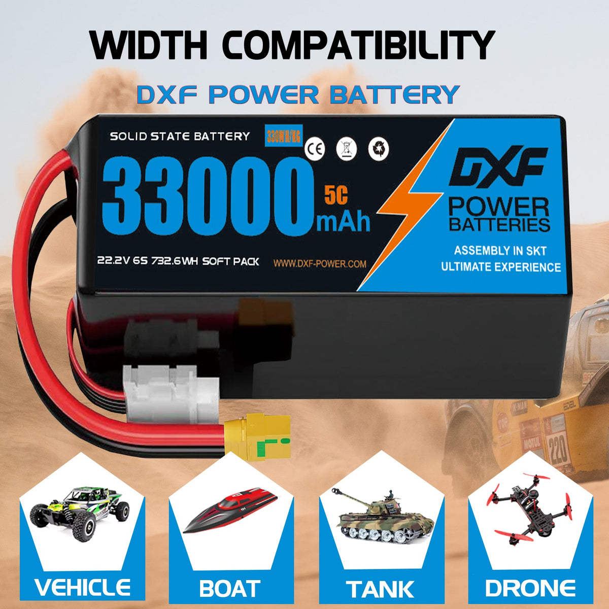 DXF 6S 22.2V 33000mAh 5C Soft Case LiPo Battery with 8AWG Wire for Toy Cars, Boats, UAVs & Drones (1-6 Pack)