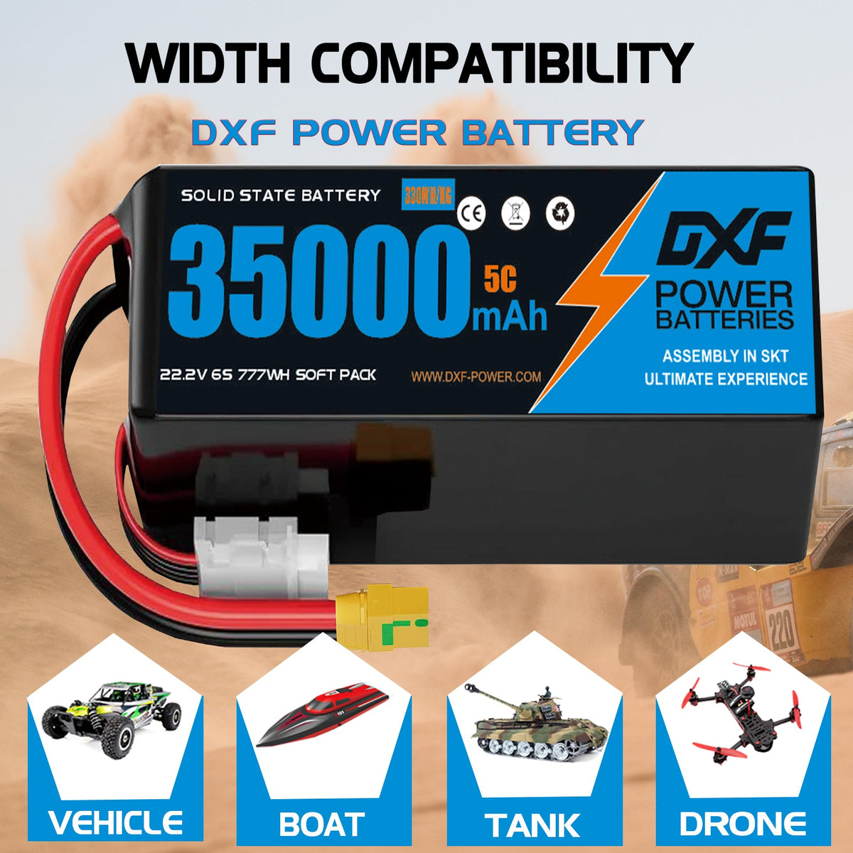 DXF 6S 22.2V 35000mAh 5C Soft Case LiPo Battery with 8AWG Wire for Toy Cars, Boats, UAVs & Drones (1-6 Pack)