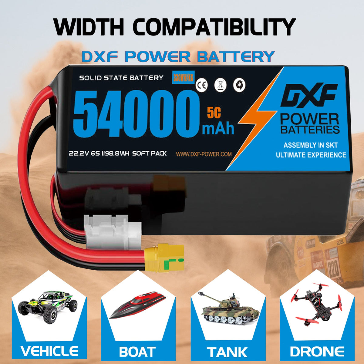 DXF 6S 22.2V 54000mAh 5C Soft Case LiPo Battery with 8AWG Wire for Toy Cars, Boats, UAVs & Drones (1-6 Pack)