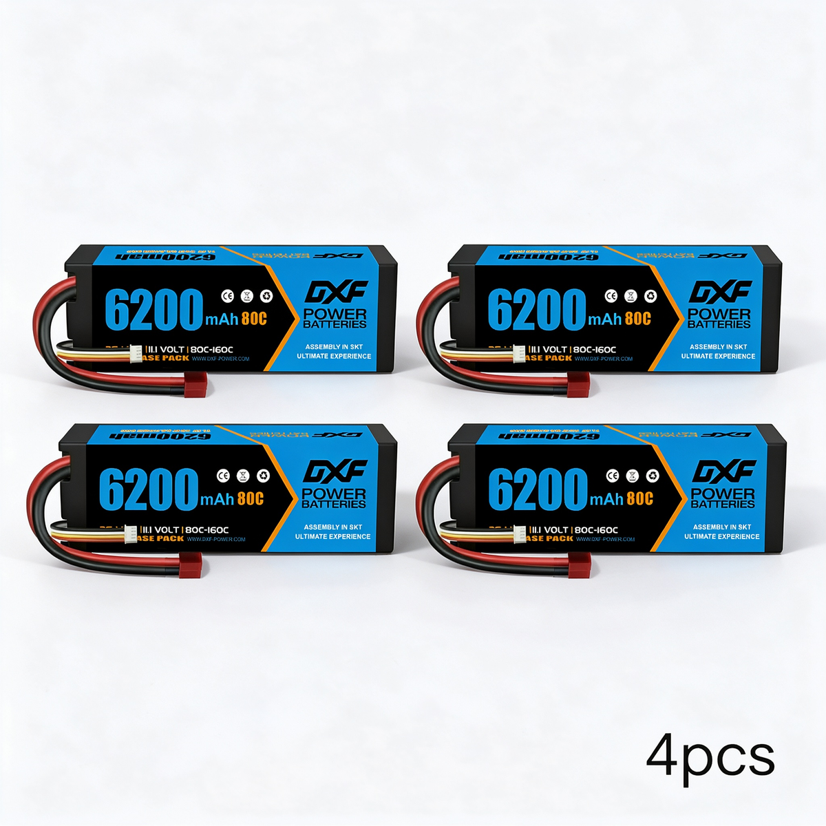 DXF 3S 11.1V 6200mAh 80C Graphene Hardcase LiPo Battery with Deans/T-Plug & 10AWG Wire (1-6 Pack)