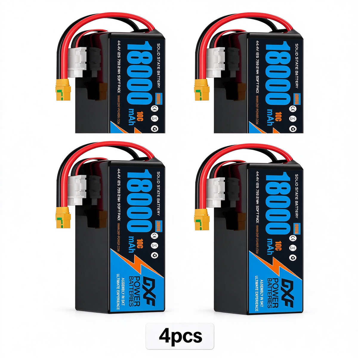 DXF SEMI-SOLID 12S 44.4V 18000mAh 10C Soft Case LiPo Battery with 8AWG Wire for UAVs & Drones (1-6 Pack)