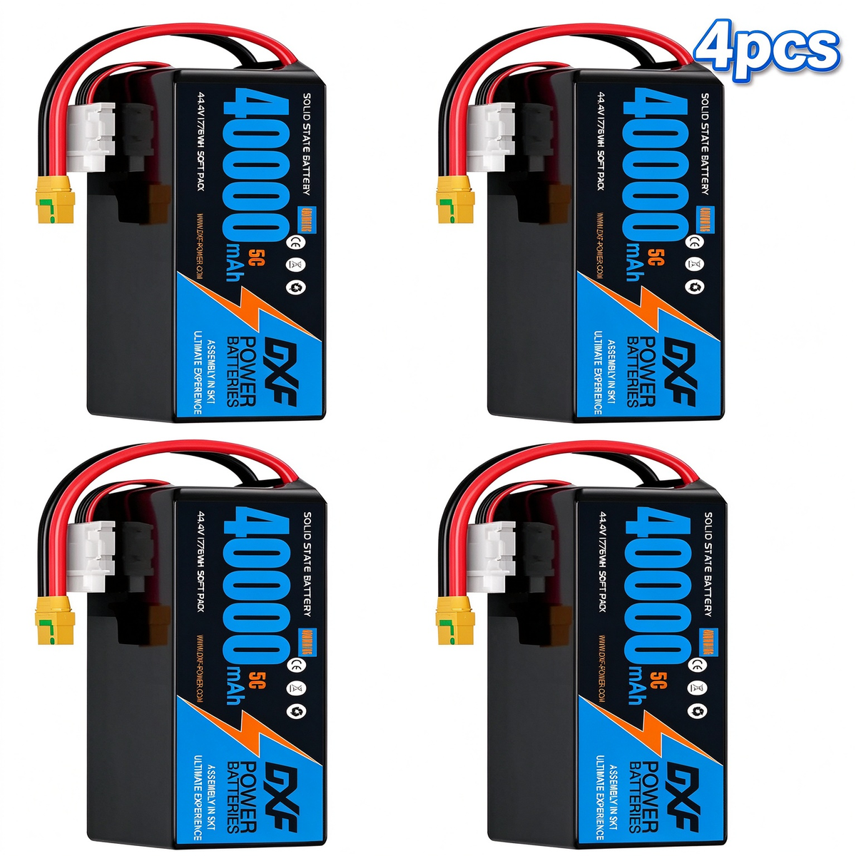 DXF SEMI-SOLID 12S 44.4V 40000mAh 5C Soft Case LiPo Battery with 8AWG Wire for Toy Cars, Boats, UAVs & Drones (1-6 Pack)