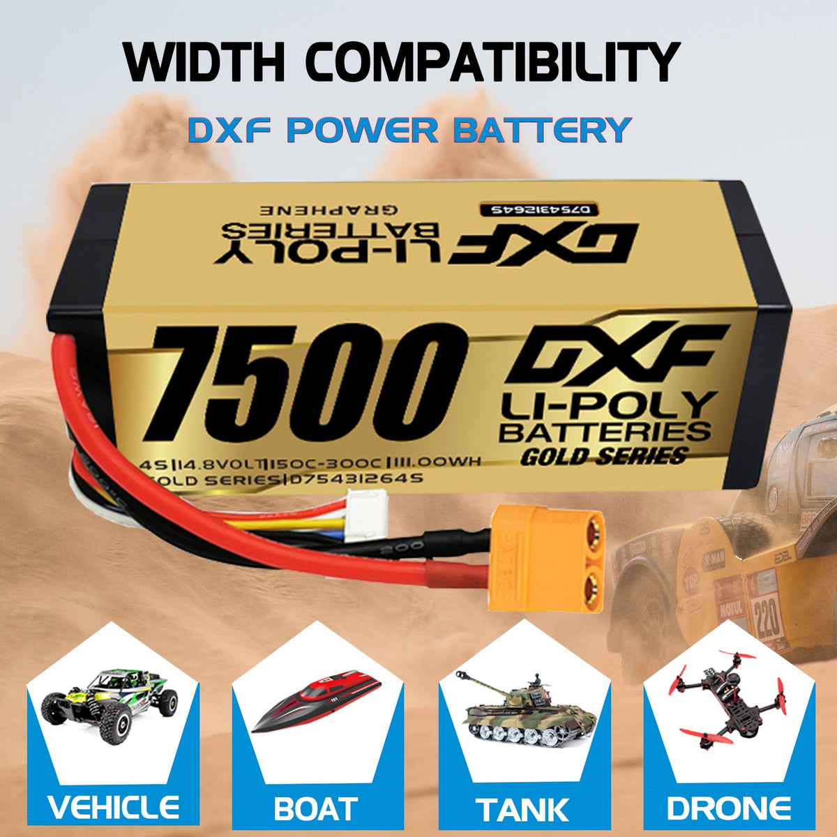 DXF LiPo Battery 4S 14.8V 7500mAh 140C Graphene Hardcase Gold with EC5 / T / TRX / XT60 / XT90 / XT150 / Q8s Plug for RC 1/8 1/10 Buggy Truck Car Off-Road Drone
