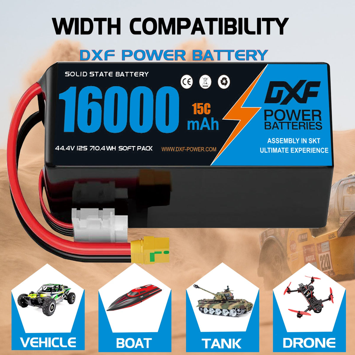 DXF SEMI-SOLID 12S 44.4V 16000mAh 15C Soft Case LiPo Battery with 8AWG Wire for Toy Cars, Boats, UAVs & Drones (1-6 Pack)