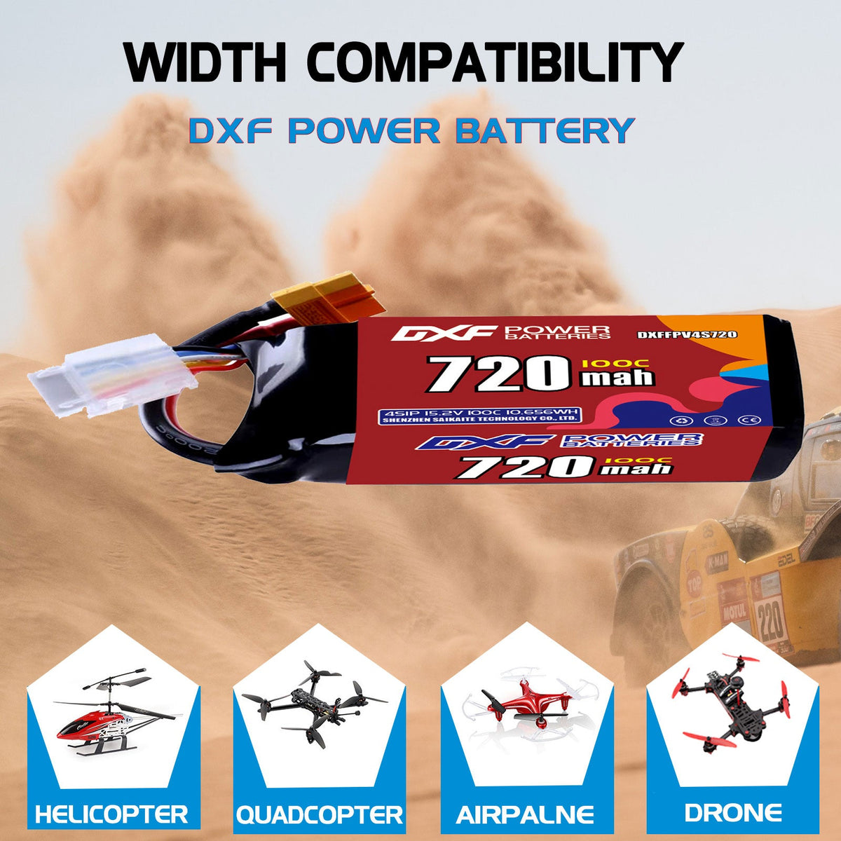 DXF 4S 15.2V 720mAh 100C LiPo Battery for FPV Micro Drones (PH2.0 / JST / XT30 / SM / XT60 / EC5 / XT90 Options)