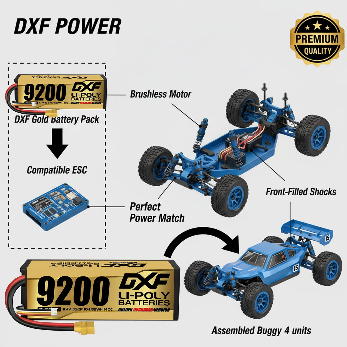 DXF LiPo Battery 4S HV 15.2V 9200mAh 140C Graphene Hardcase Gold with EC5 / T / TRX / XT60 / XT90 / XT150 / Q8s Plug for RC 1/8 1/10 Buggy Truck Car Off-Road Drone