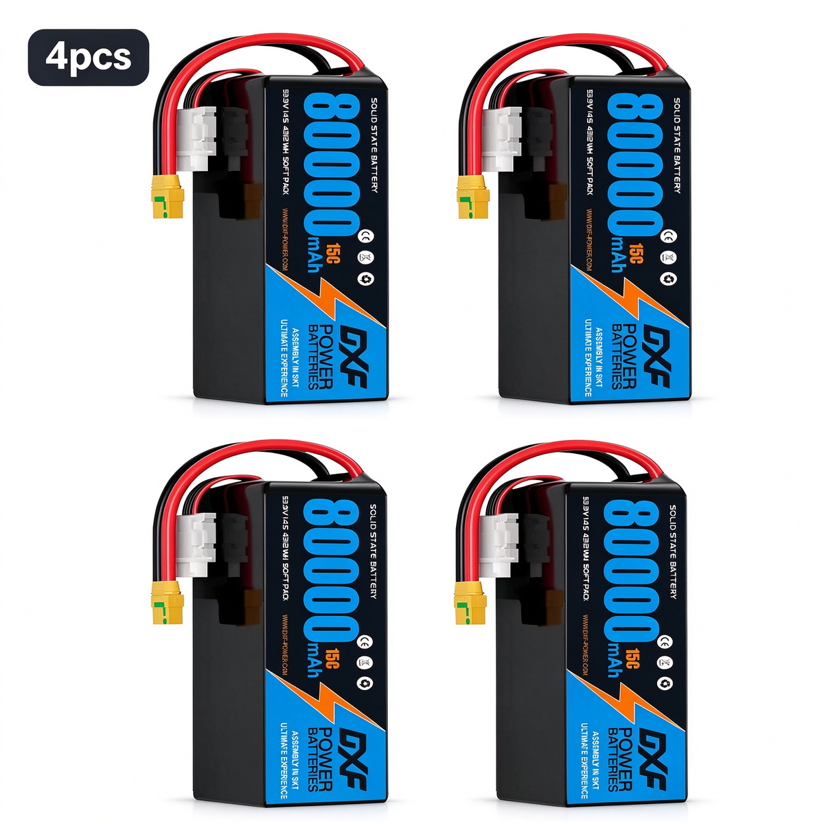 DXF SEMI-SOLID 14S 53.9V 80000mAh 15C Soft Case LiPo Battery with 8AWG Wire for Toy Cars, Boats, UAVs & Drones (1-6 Pack)