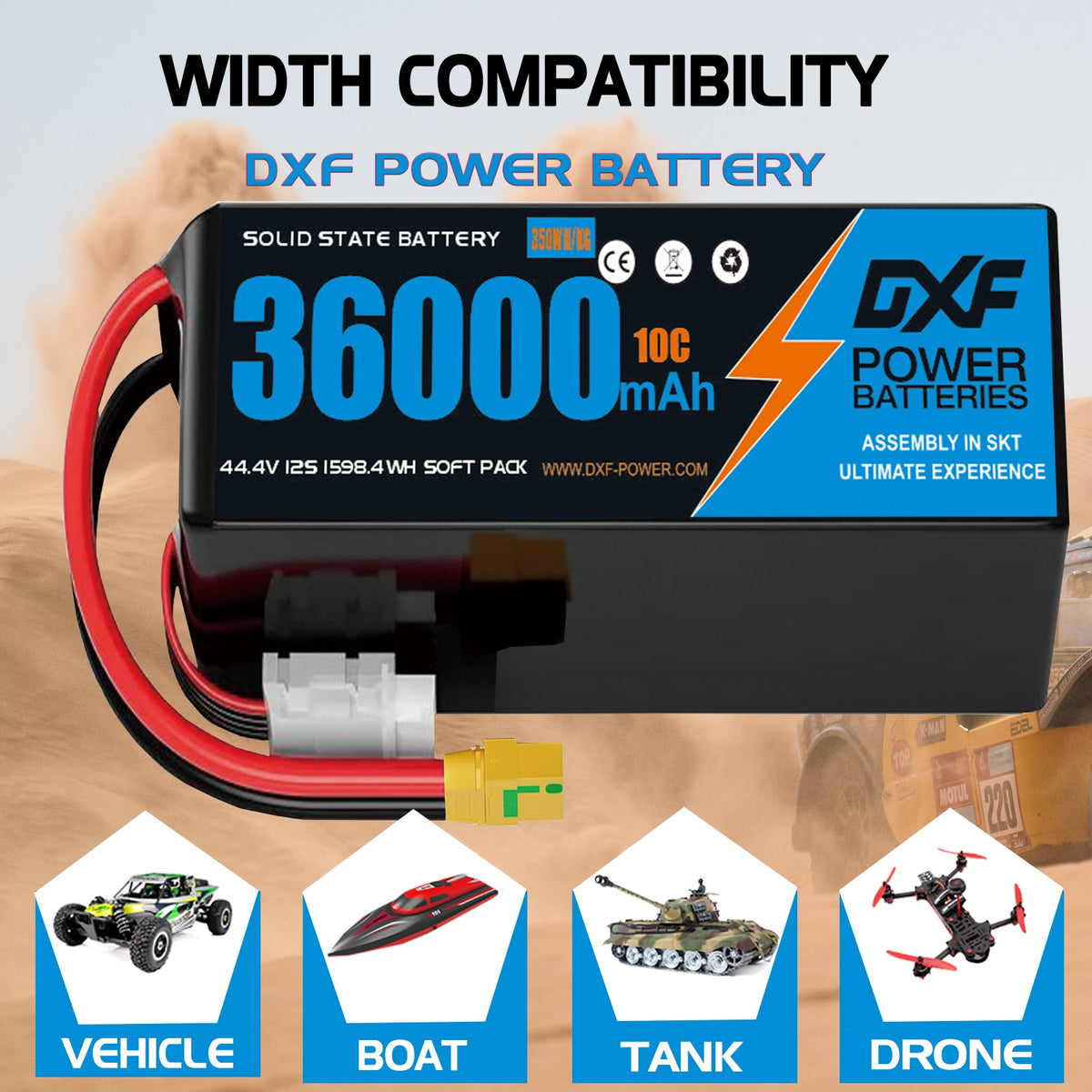 DXF SEMI-SOLID 12S 44.4V 36000mAh 10C Soft Case LiPo Battery with 8AWG Wire for Toy Cars, Boats, UAVs & Drones (1-6 Pack)
