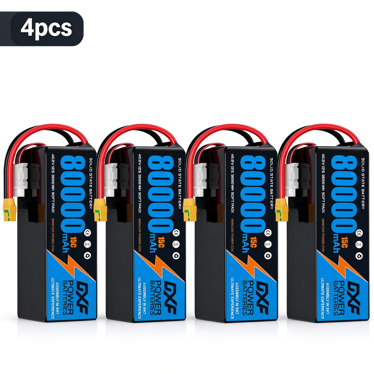 DXF SEMI-SOLID 12S 46.2V 80000mAh 15C Soft Case LiPo Battery with 8AWG Wire for Toy Cars, Boats, UAVs & Drones (1-6 Pack)
