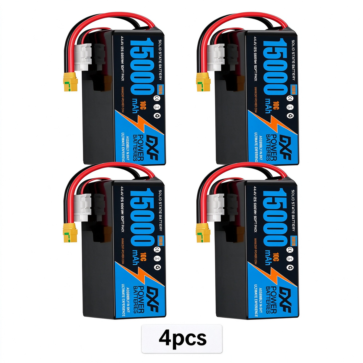 DXF SEMI-SOLID 12S 44.4V 15000mAh 10C Soft Case LiPo Battery with 8AWG Wire for UAVs & Drones (1-6 Pack)
