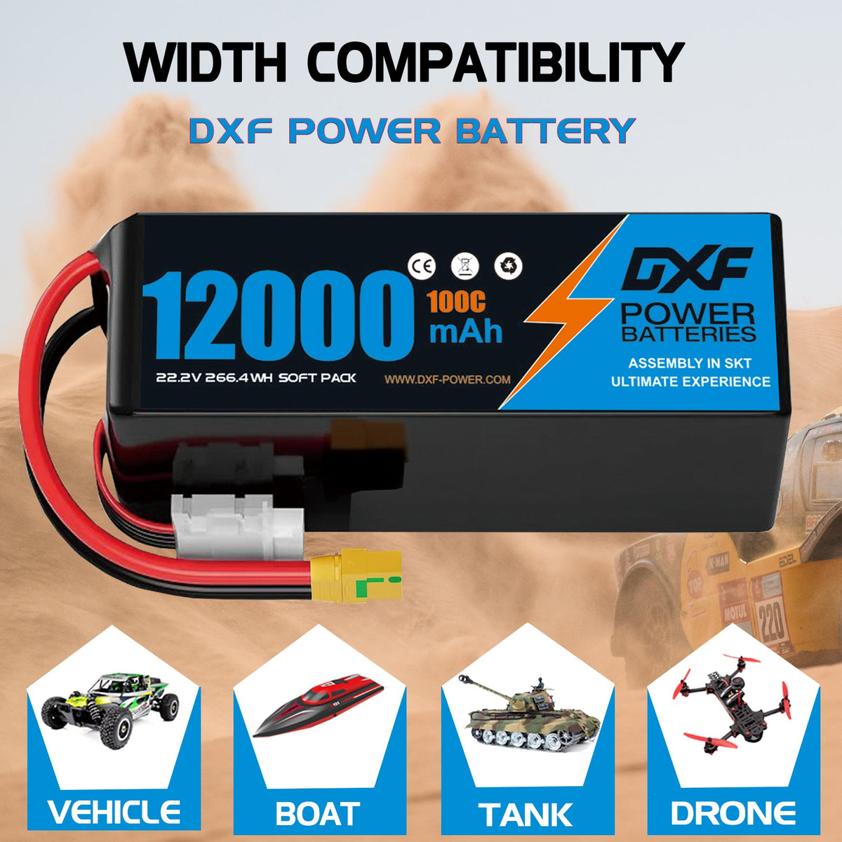 DXF 6S 22.2V 12000mAh 100C Soft Case LiPo Battery with 8AWG Wire for Toy Cars, Boats, UAVs & Drones (1-6 Pack)