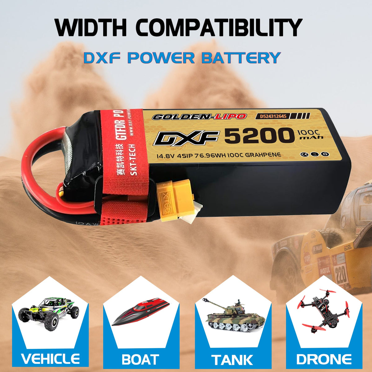 DXF Lipo Battery 4S 14.8V 5200mAh 100C Graphene Softcase with EC5 / T / TRX / XT60 / XT90 / XT150 / Q8s Plug for RC 1/8 1/10 Buggy Truck Car Off-Road Drone